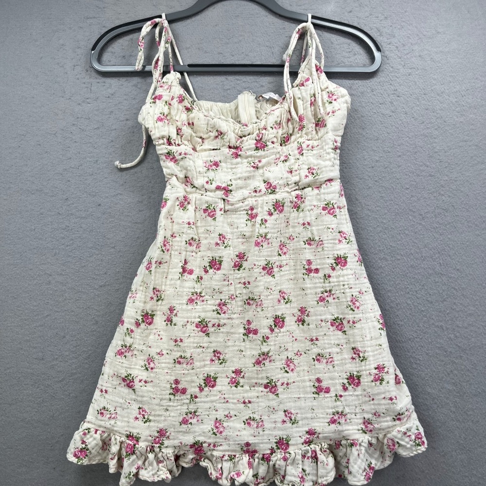 Olivaceous Dress‎ Womens Small Cream Floral Mini Tie Strap Smocked Ruffle Cotton